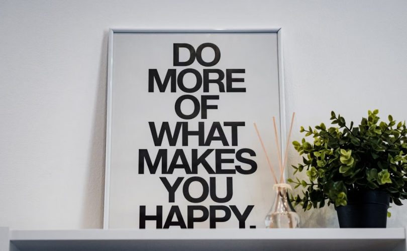 Framed quote 'Do More of What Makes You Happy' with plant and aroma diffuser.