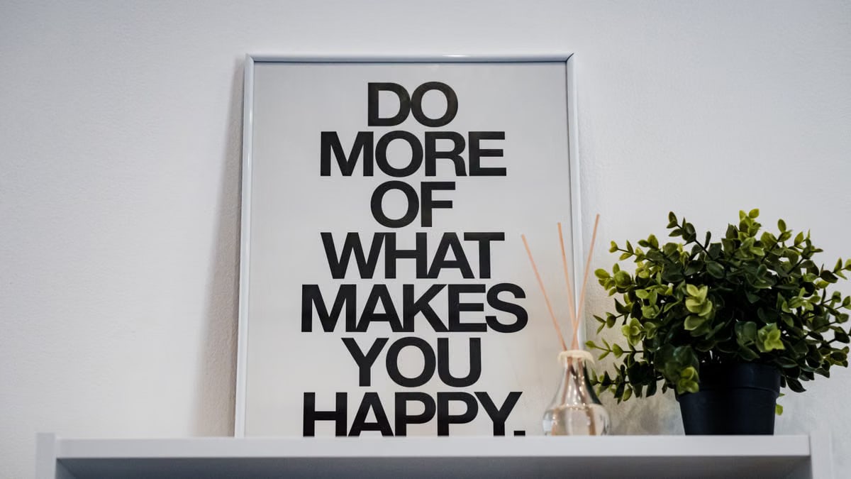 Framed quote 'Do More of What Makes You Happy' with plant and aroma diffuser.